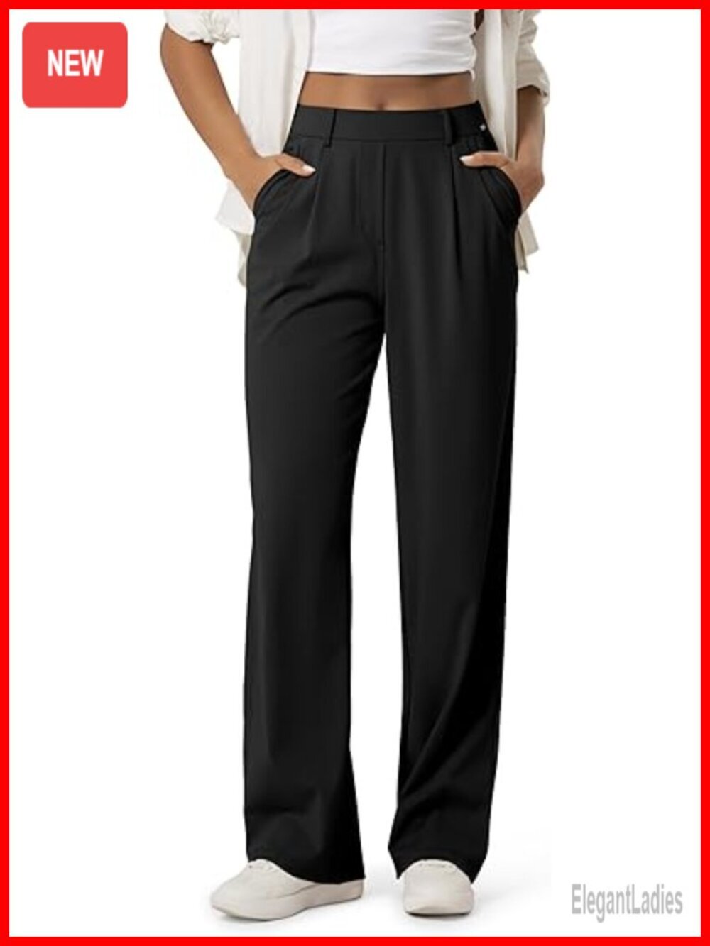 High-Rise Wide Leg Trousers, Tailored Stretch Work Pants with Pockets